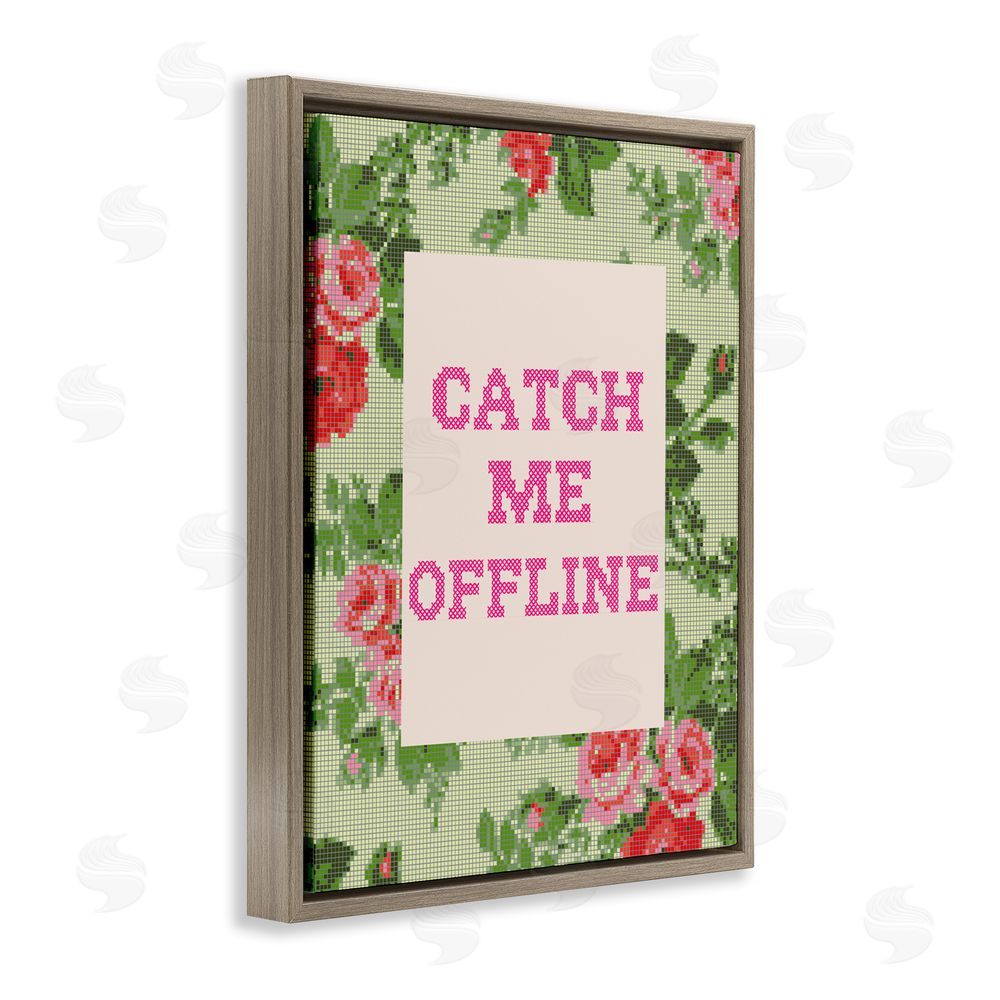 Stupell Studio Catch Me Offline Faux Cross Stitch Brown Floating Frame Stretched Canvas Wall Art Print