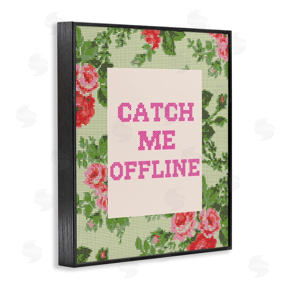 Stupell Studio Catch Me Offline Faux Cross Stitch Black Framed Giclee Wall Art Print