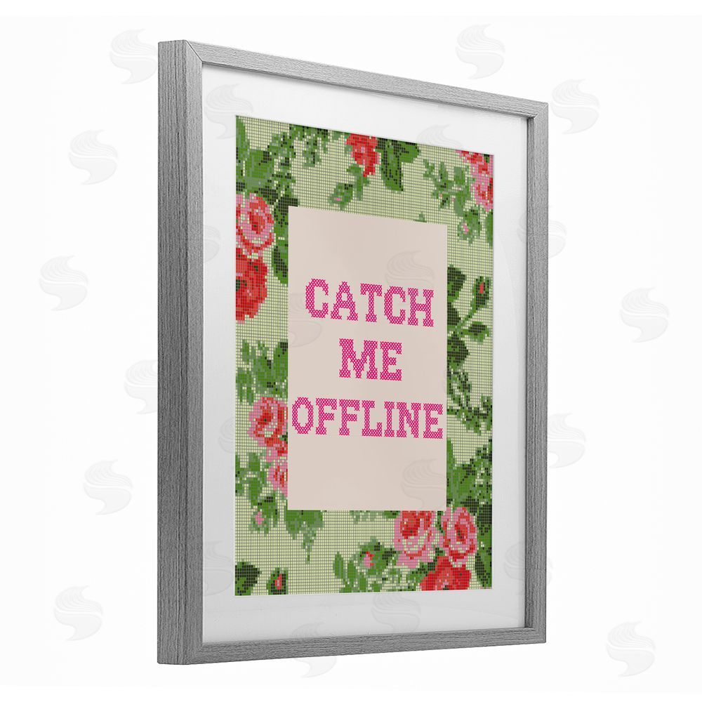 Stupell Studio Catch Me Offline Faux Cross Stitch Gray Framed Print Under Glass with Matting Wall Art