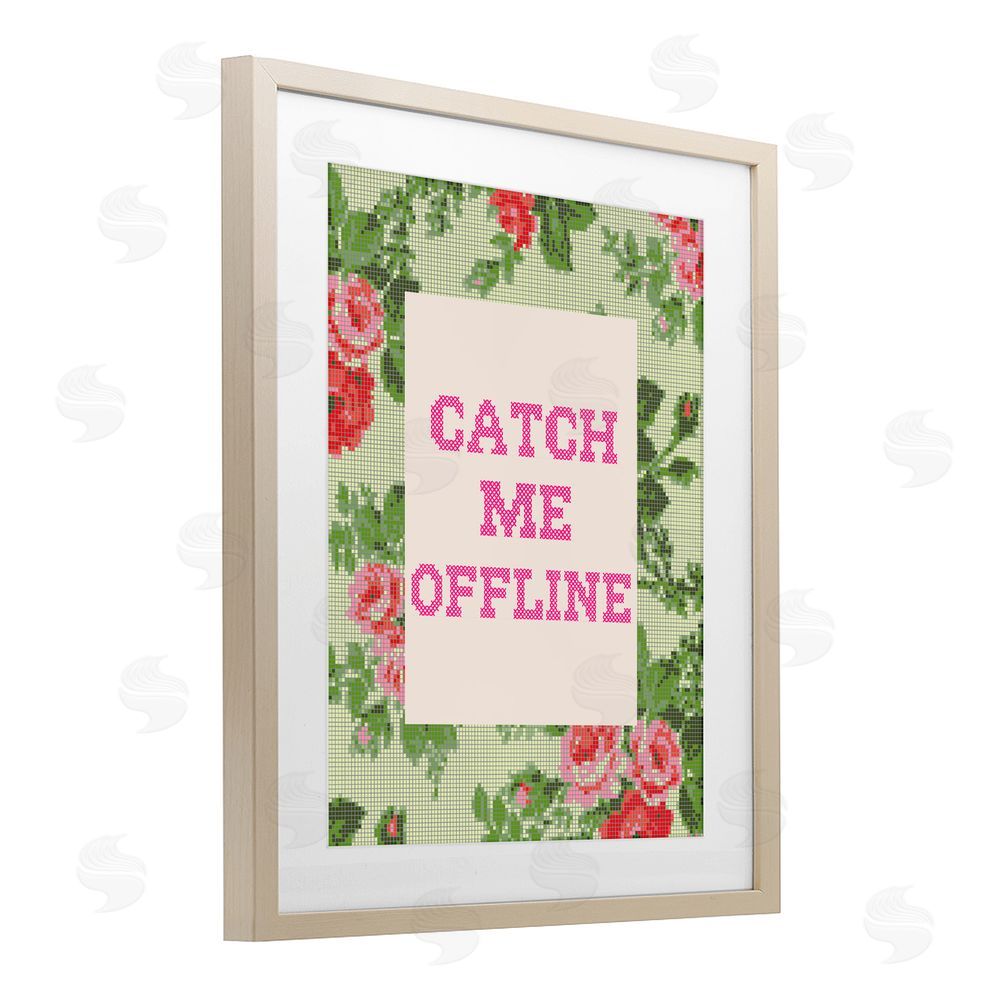 Stupell Studio Catch Me Offline Faux Cross Stitch Brown Framed Print Under Glass with Matting Wall Art