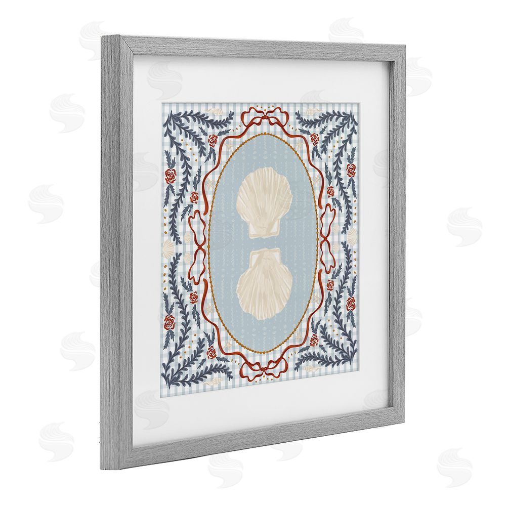 Vero Illustrates Shells Portrait on Gingham Gray Framed Print Under Glass with White Mat Wall Art