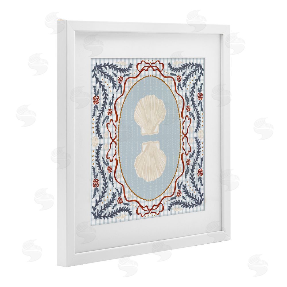 Vero Illustrates Shells Portrait on Gingham White Framed Print Under Glass with White Mat Wall Art
