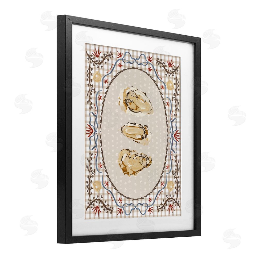 Vero Illustrates Vintage Oyster Trio Black Framed Print Under Glass with White Mat Wall Art