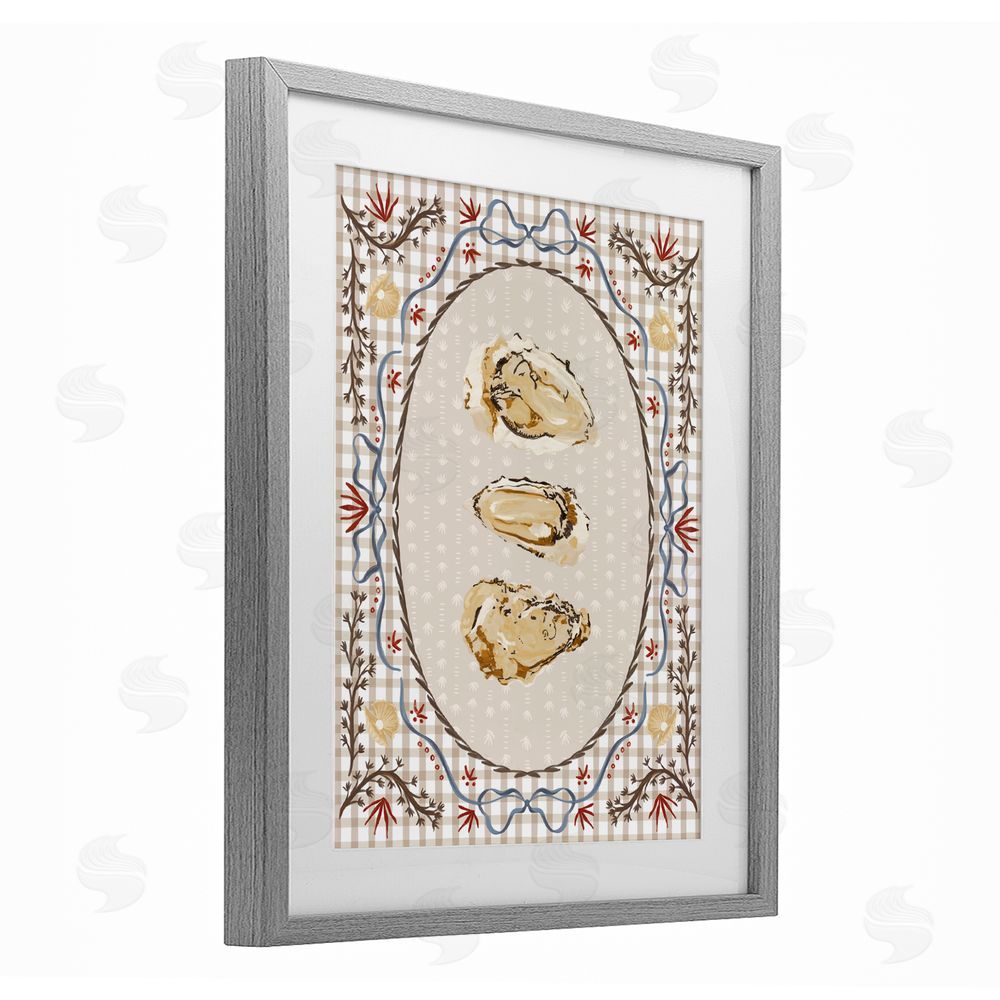 Vero Illustrates Vintage Oyster Trio Gray Framed Print Under Glass with White Mat Wall Art