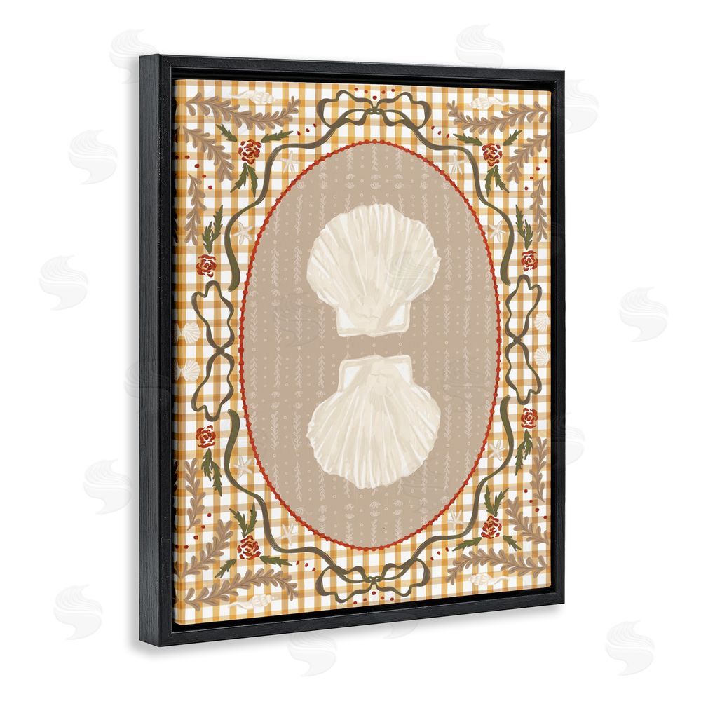 Vero Illustrates Vintage Shells on Gingham Black Floating Framed Canvas Wall Art Print