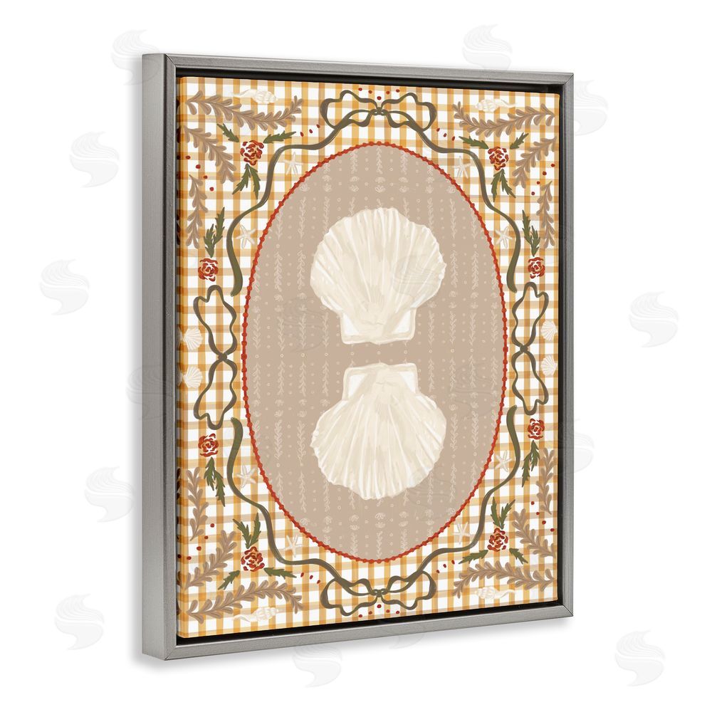 Vero Illustrates Vintage Shells on Gingham Gray Floating Framed Canvas Wall Art Print