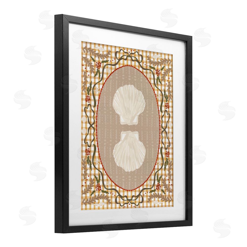 Vero Illustrates Vintage Shells on Gingham Black Framed Print Under Glass with White Mat Wall Art