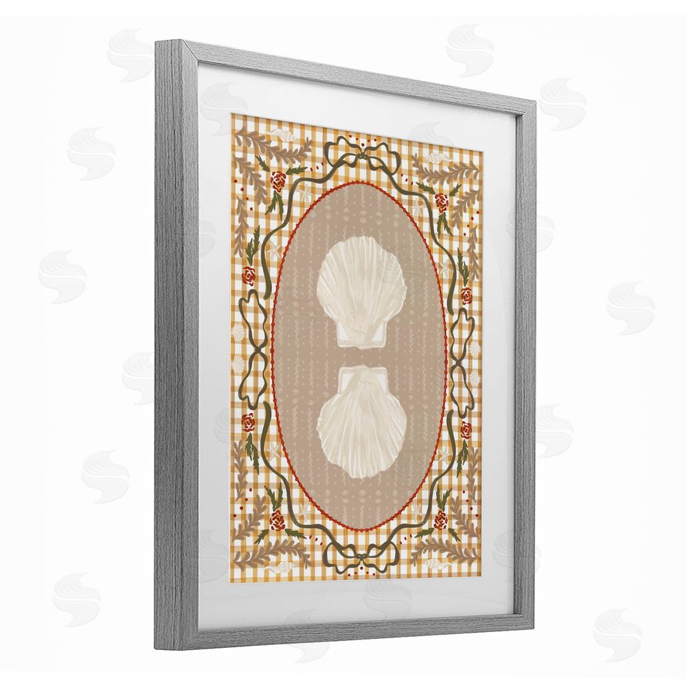 Vero Illustrates Vintage Shells on Gingham Gray Framed Print Under Glass with White Mat Wall Art