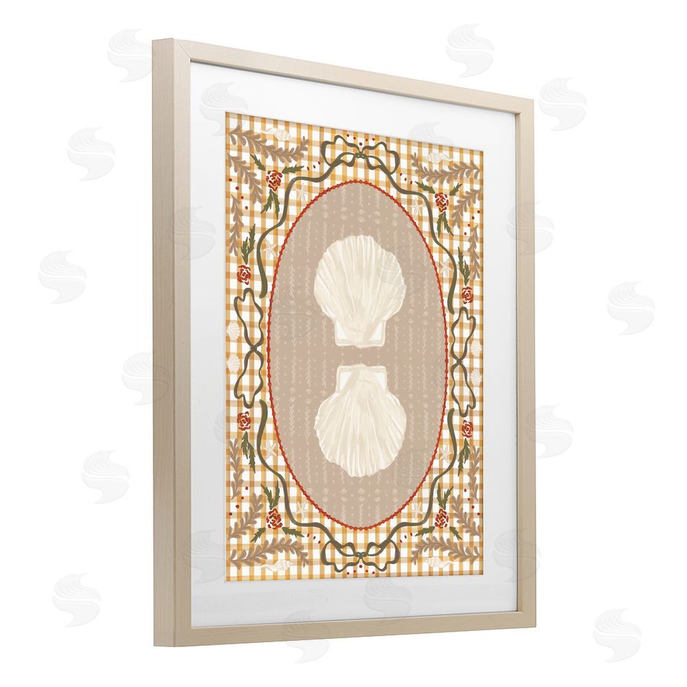 Vero Illustrates Vintage Shells on Gingham Brown Framed Print Under Glass with White Mat Wall Art