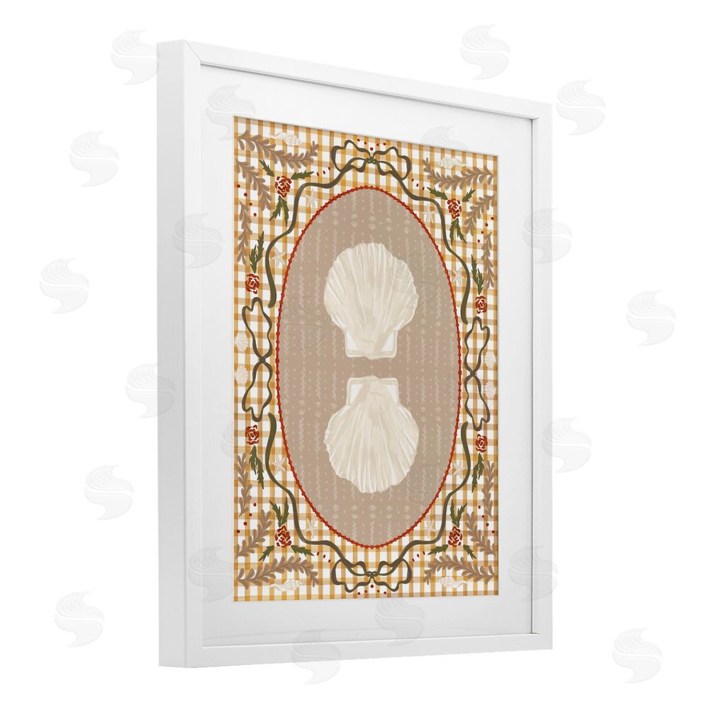 Vero Illustrates Vintage Shells on Gingham White Framed Print Under Glass with White Mat Wall Art