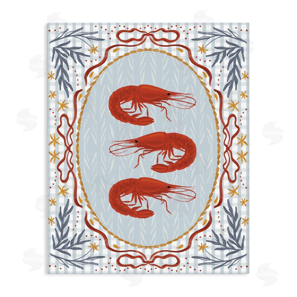Vero Illustrates Three Red Prawns on Gingham Stretched Canvas Wall Art Print