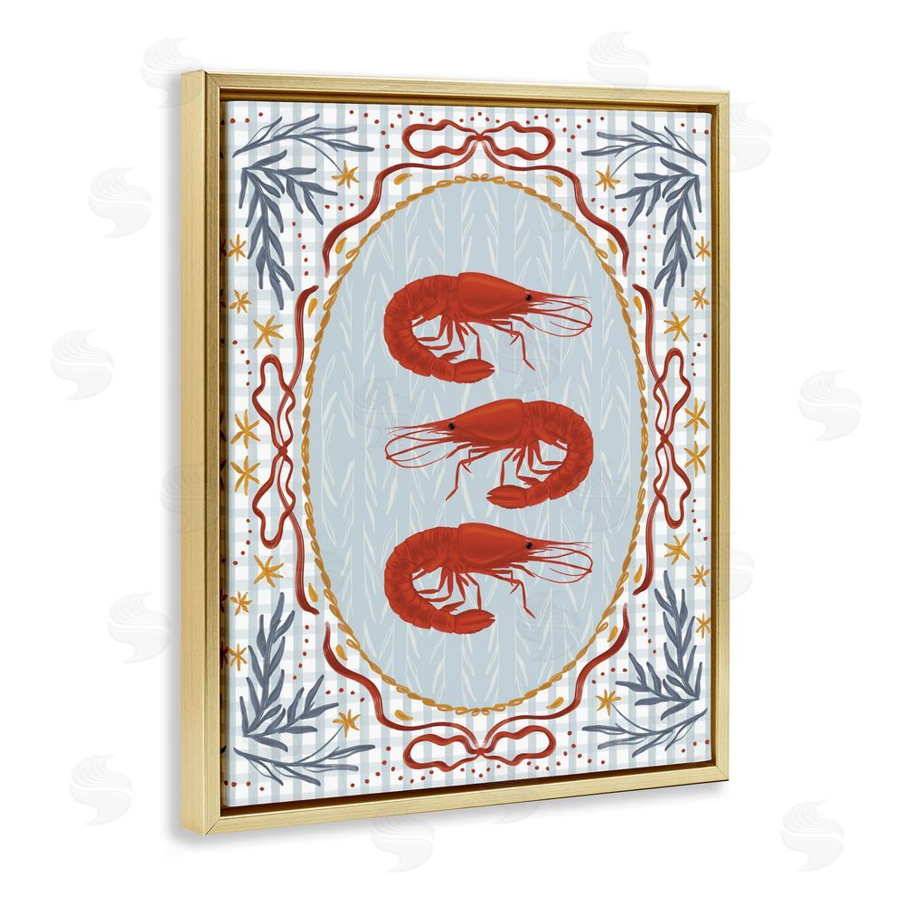 Vero Illustrates Three Red Prawns on Gingham Gold Floating Framed Canvas Wall Art Print