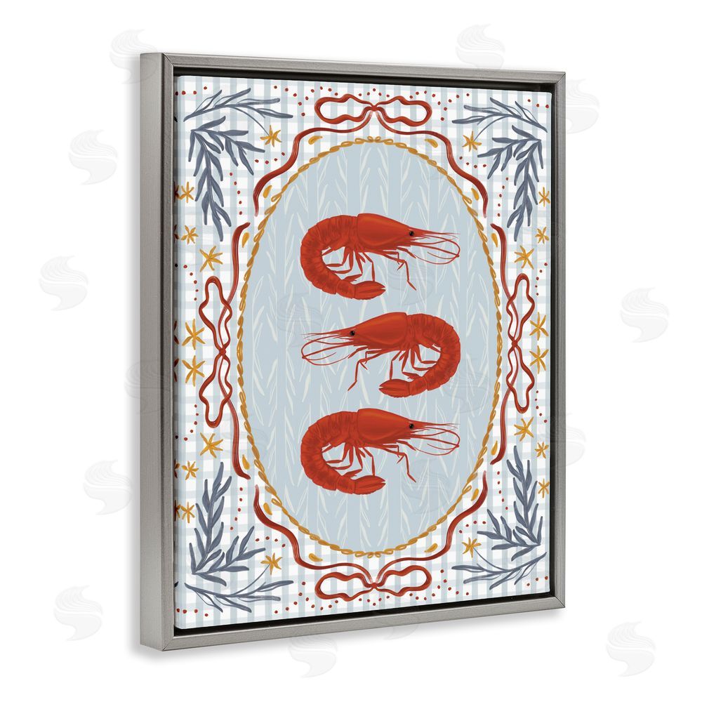 Vero Illustrates Three Red Prawns on Gingham Gray Floating Framed Canvas Wall Art Print