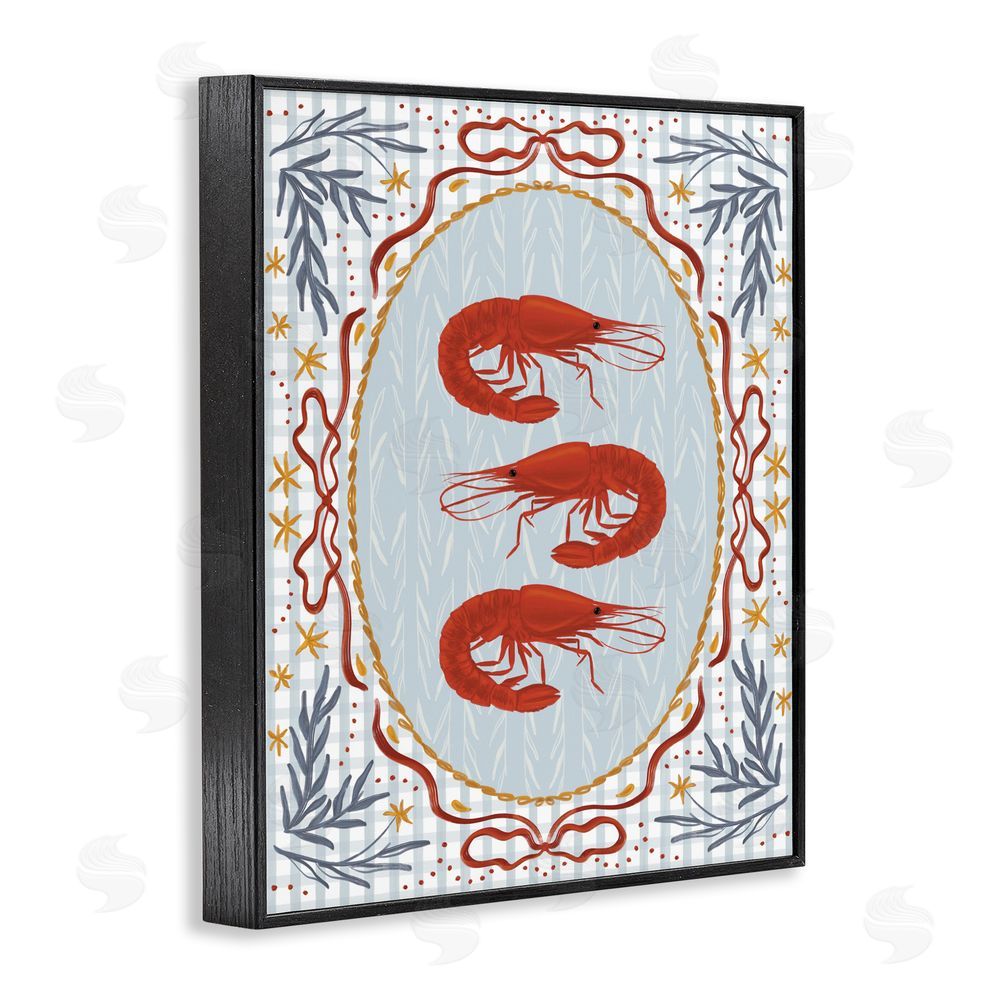 Vero Illustrates Three Red Prawns on Gingham Black Framed Giclee Wall Art Print