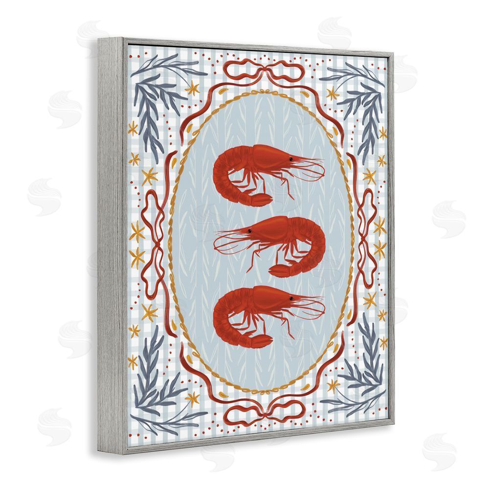 Vero Illustrates Three Red Prawns on Gingham Gray Framed Giclee Wall Art Print