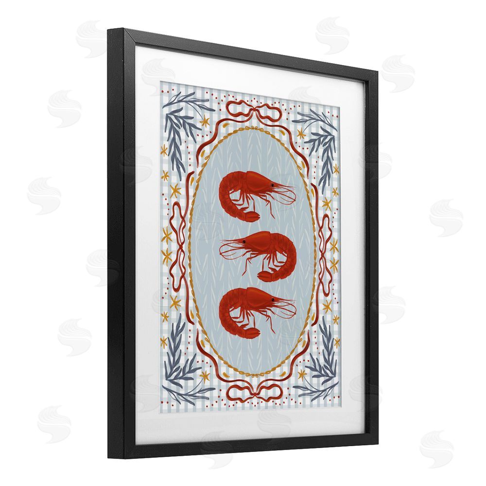 Vero Illustrates Three Red Prawns on Gingham Black Framed Print Under Glass with White Mat Wall Art