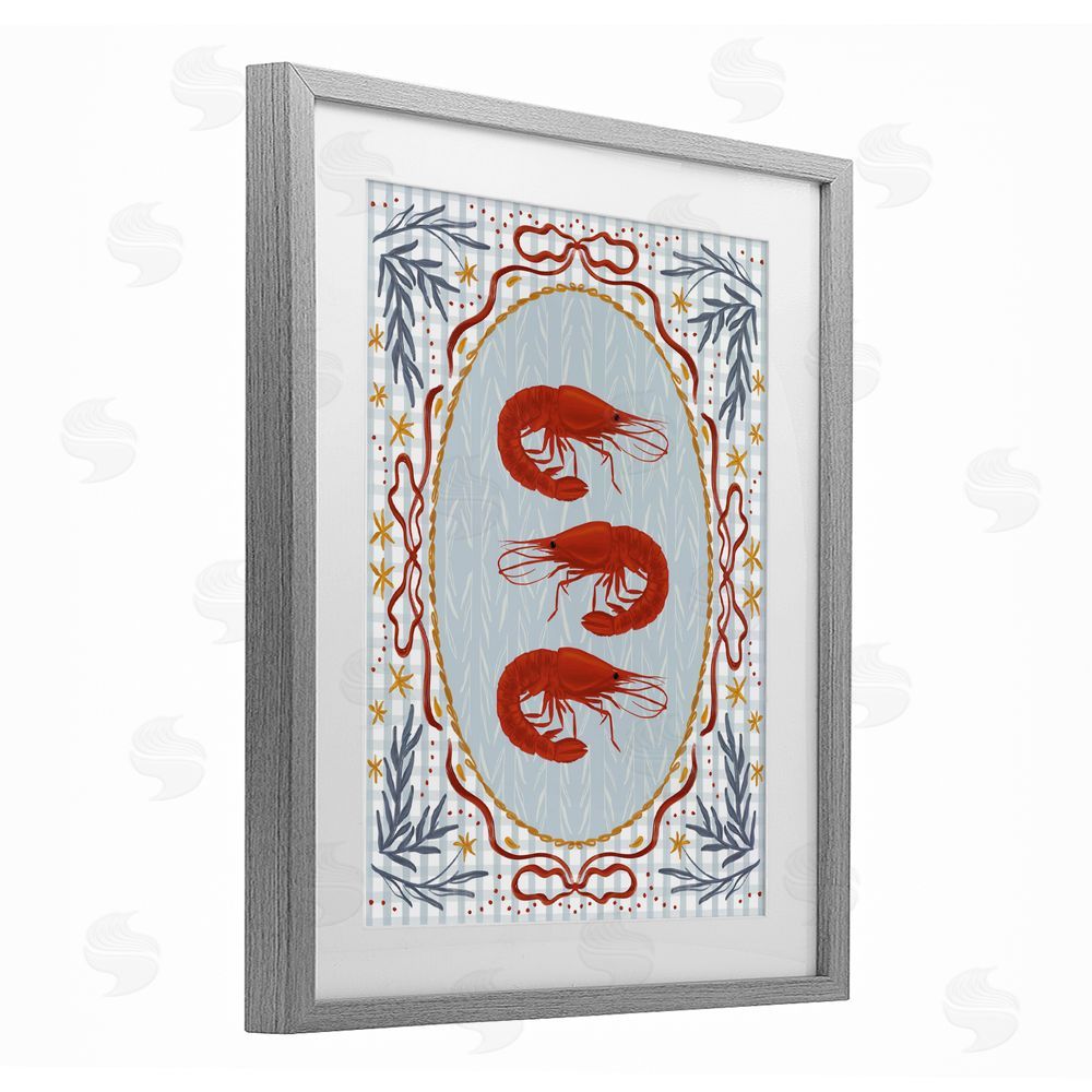 Vero Illustrates Three Red Prawns on Gingham Gray Framed Print Under Glass with White Mat Wall Art