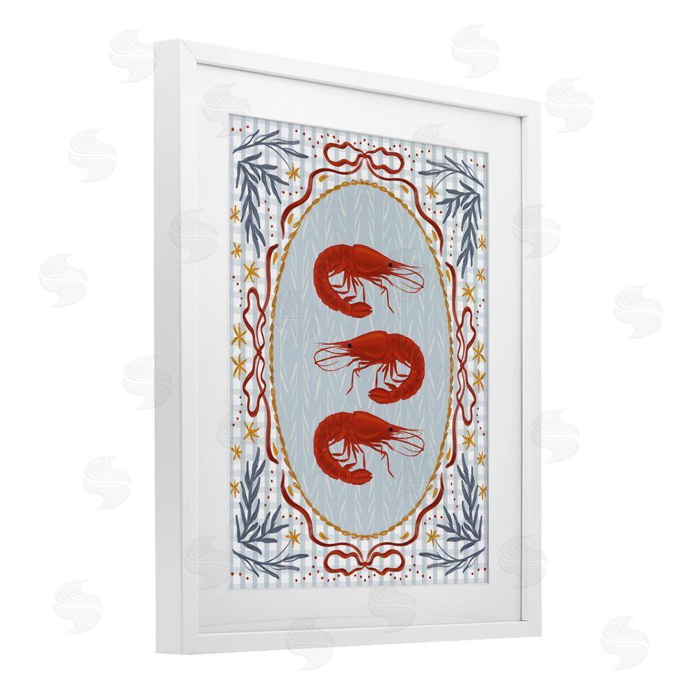 Vero Illustrates Three Red Prawns on Gingham White Framed Print Under Glass with White Mat Wall Art