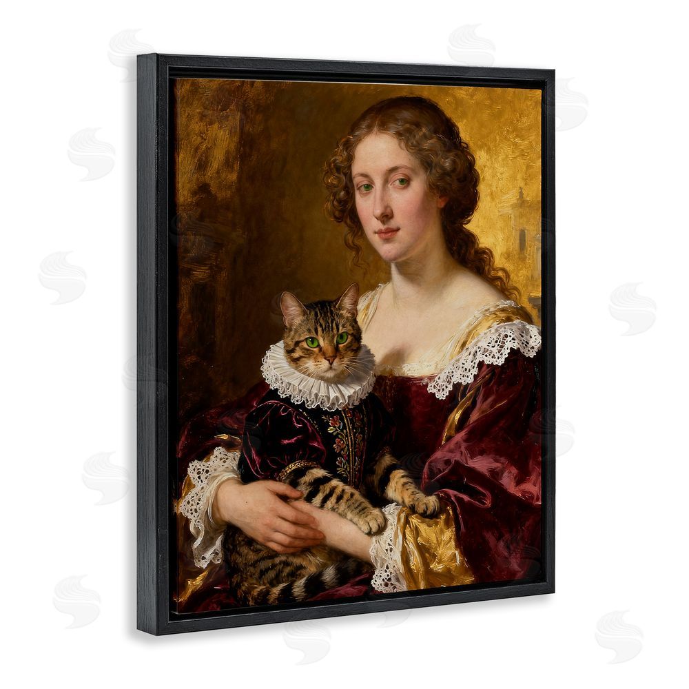 CAD Designs Renaissance Lady with Regal Cat Black Floating Frame Canvas Wall Art Print