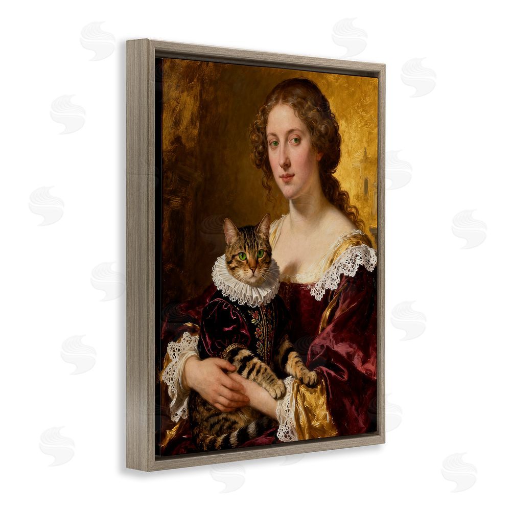 CAD Designs Renaissance Lady with Regal Cat Brown Floating Frame Canvas Wall Art Print