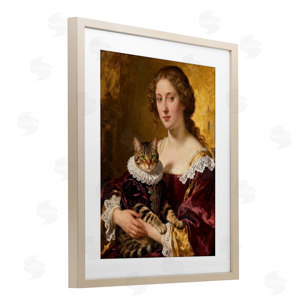 CAD Designs Renaissance Lady with Regal Cat Brown Framed Print Under Glass Wall Art