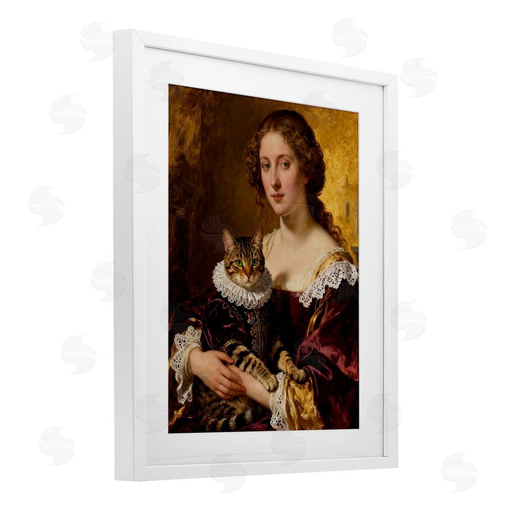 CAD Designs Renaissance Lady with Regal Cat White Framed Print Under Glass Wall Art