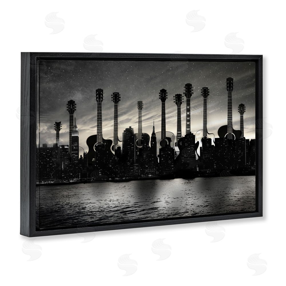 CAD Designs Guitar Skyline Cityscape Black Floating Frame Canvas Wall Art Print