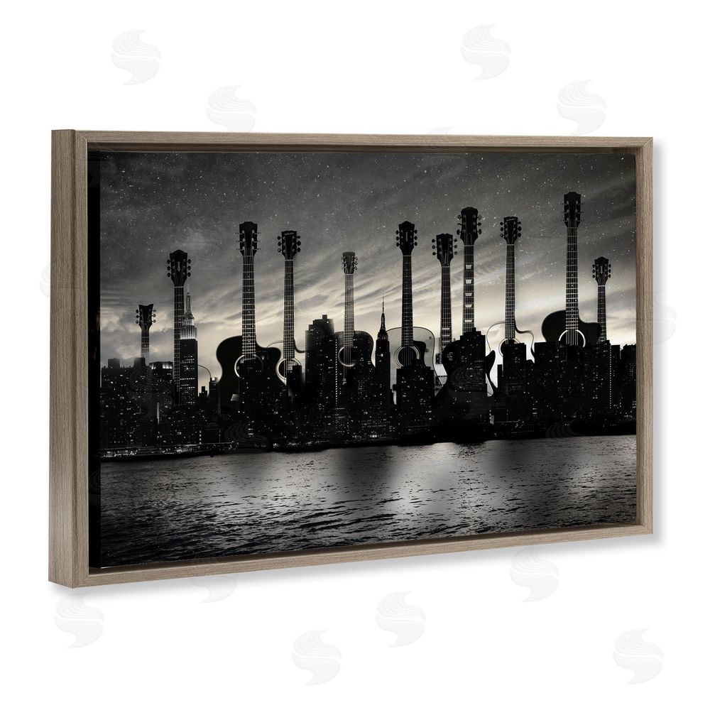 CAD Designs Guitar Skyline Cityscape Brown Floating Frame Canvas Wall Art Print