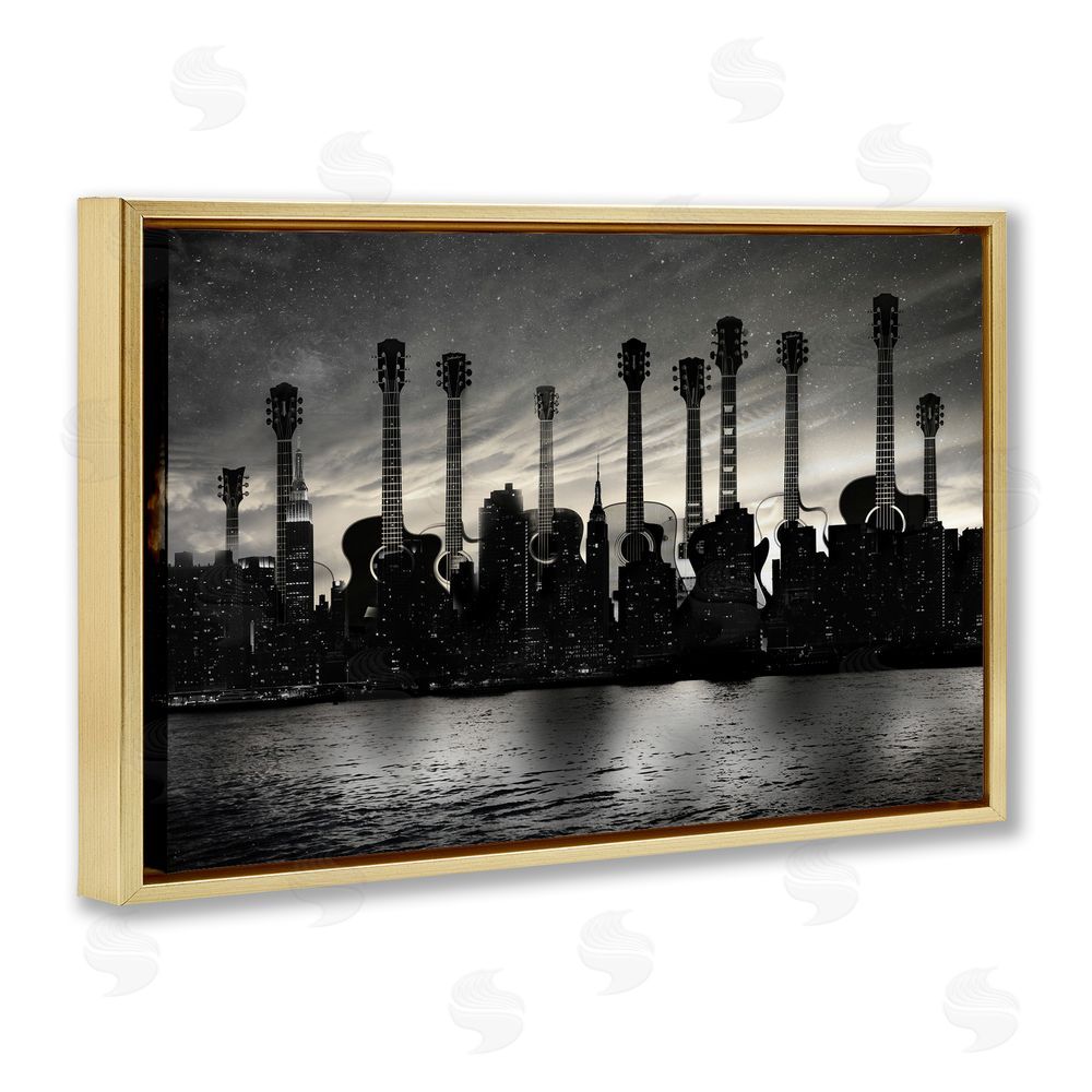 CAD Designs Guitar Skyline Cityscape Gold Floating Frame Canvas Wall Art Print