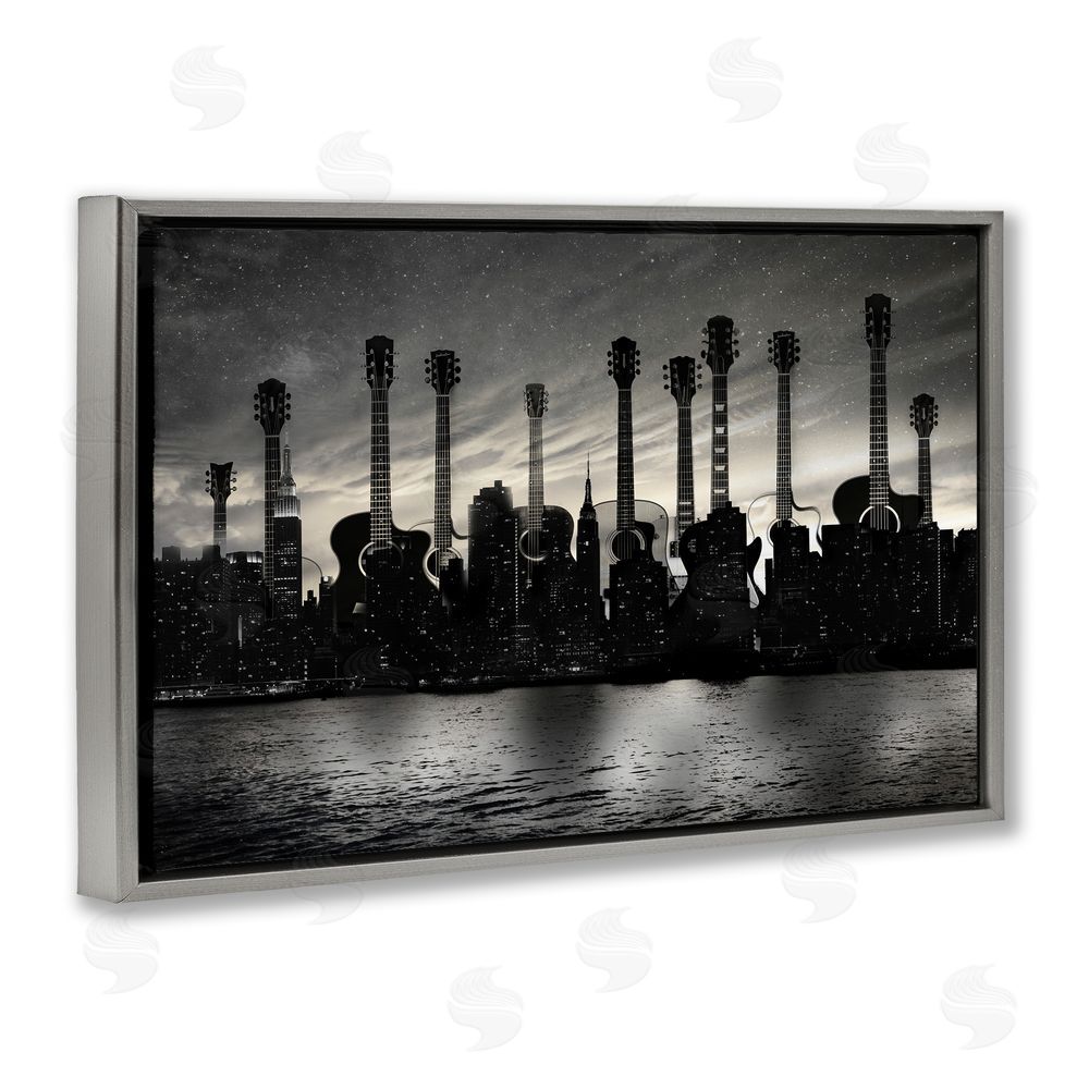 CAD Designs Guitar Skyline Cityscape Gray Floating Frame Canvas Wall Art Print