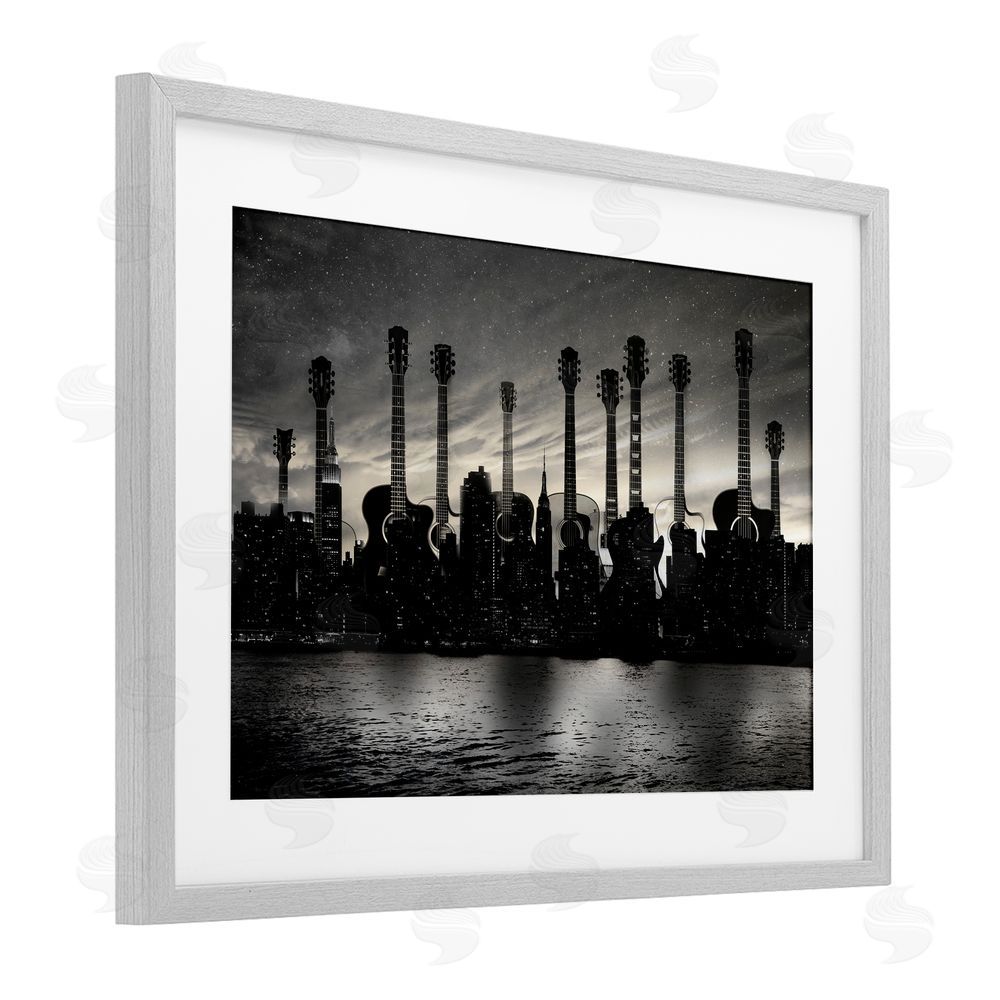 CAD Designs Guitar Skyline Cityscape Gray Framed Print Under Glass Wall Art