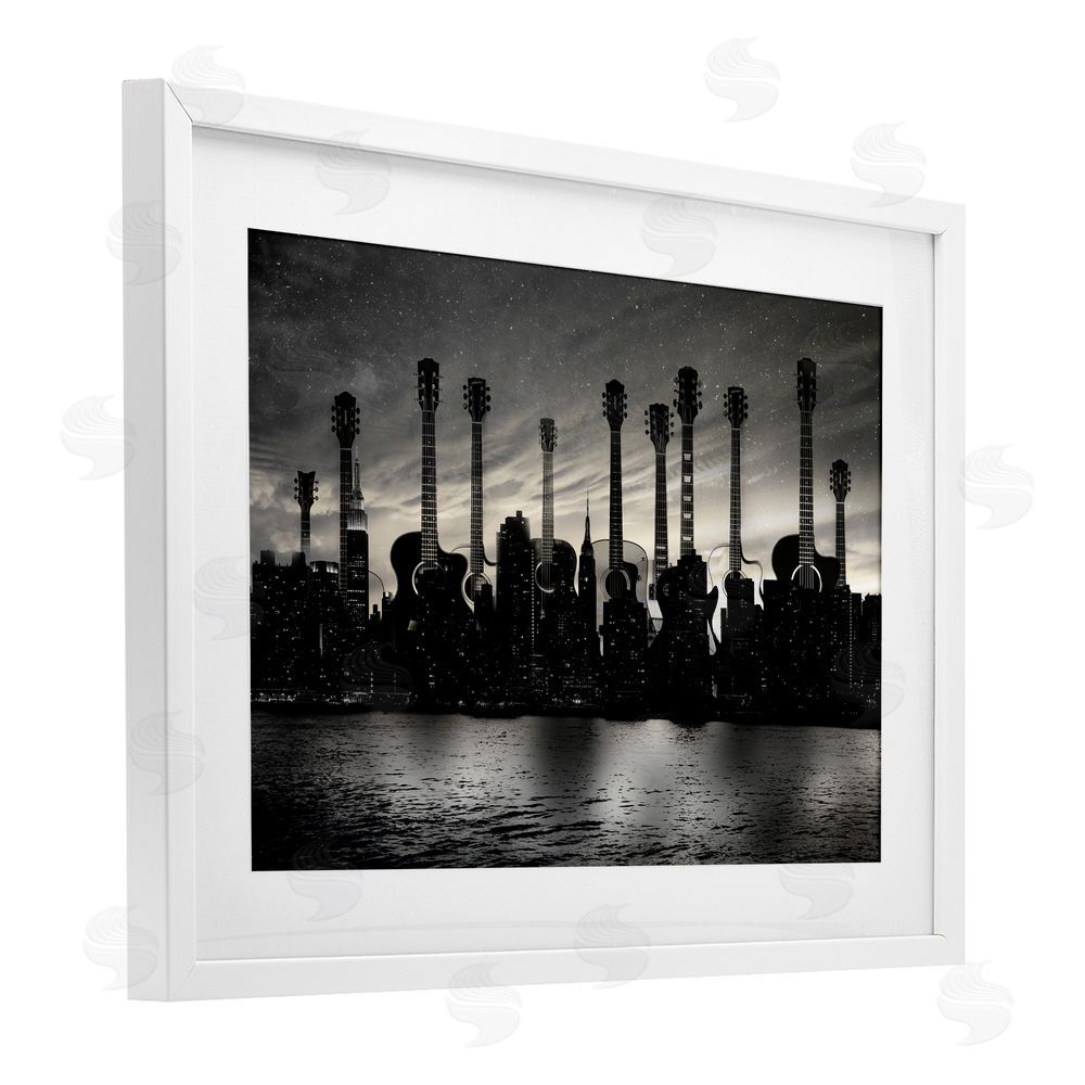 CAD Designs Guitar Skyline Cityscape White Framed Print Under Glass Wall Art