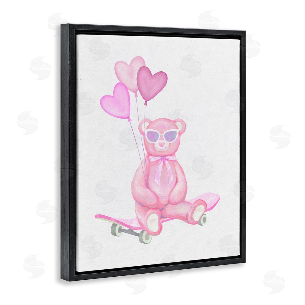 Ziwei Li Pink Teddy with Heart Balloons Black Floating Frame Canvas Wall Art Print