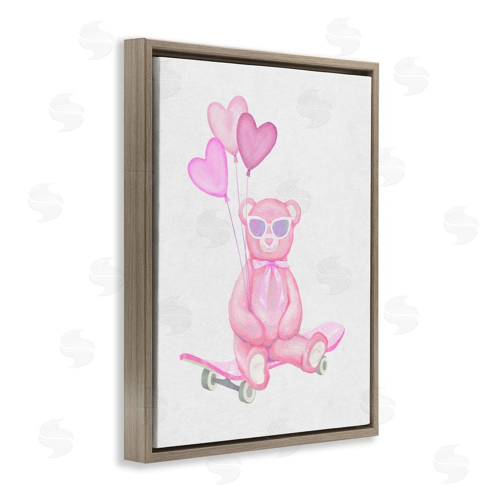Ziwei Li Pink Teddy with Heart Balloons Brown Floating Frame Canvas Wall Art Print