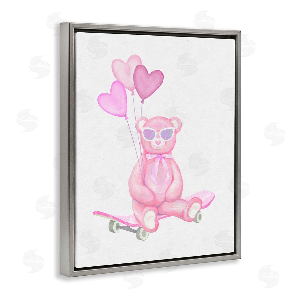 Ziwei Li Pink Teddy with Heart Balloons Gray Floating Frame Canvas Wall Art Print