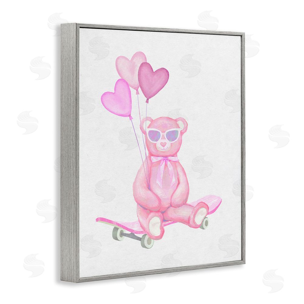 Ziwei Li Pink Teddy with Heart Balloons Gray Framed Giclee Wall Art Print
