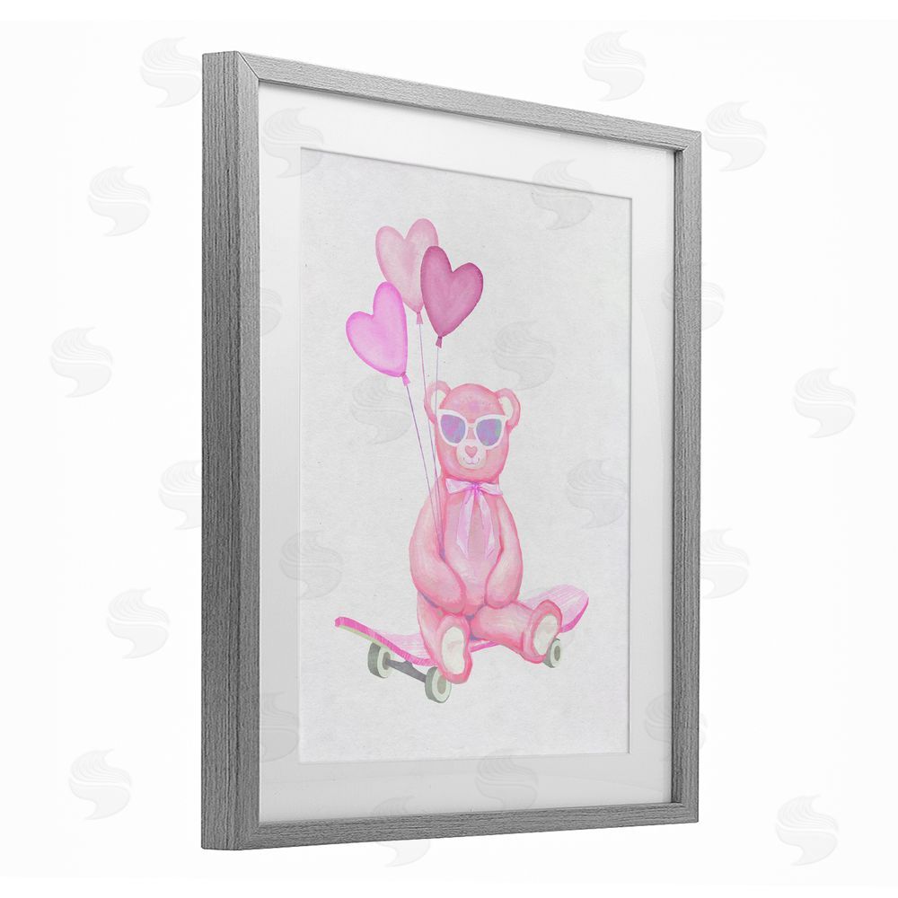 Ziwei Li Pink Teddy with Heart Balloons Gray Framed Print Under Glass Wall Art