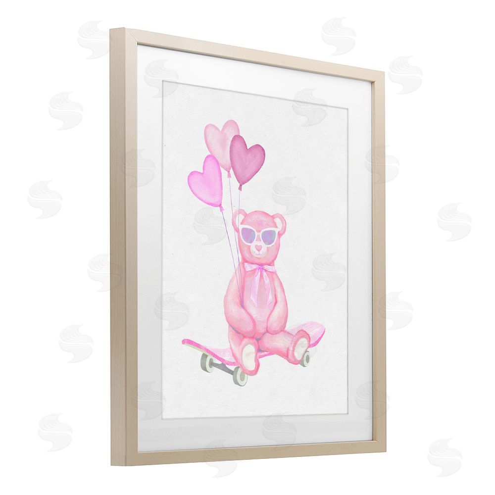 Ziwei Li Pink Teddy with Heart Balloons Brown Framed Print Under Glass Wall Art