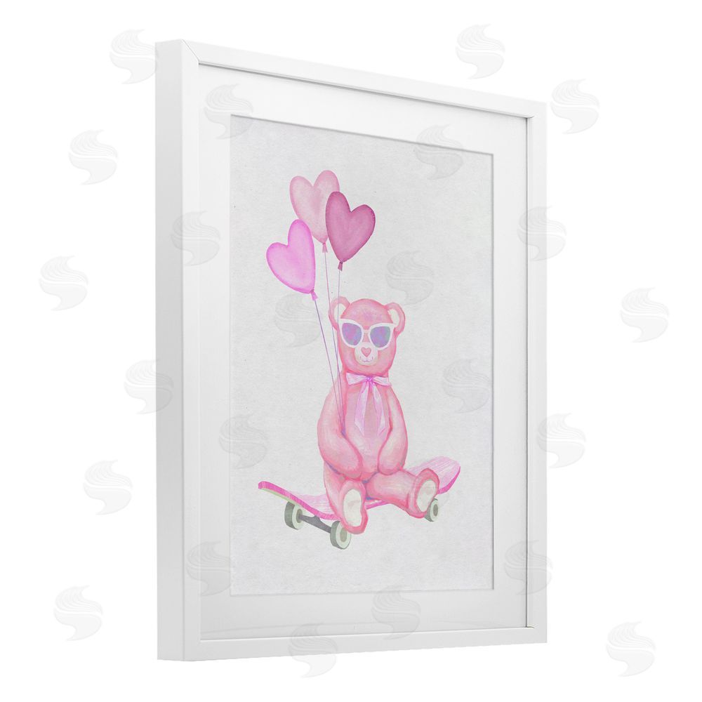 Ziwei Li Pink Teddy with Heart Balloons White Framed Print Under Glass Wall Art