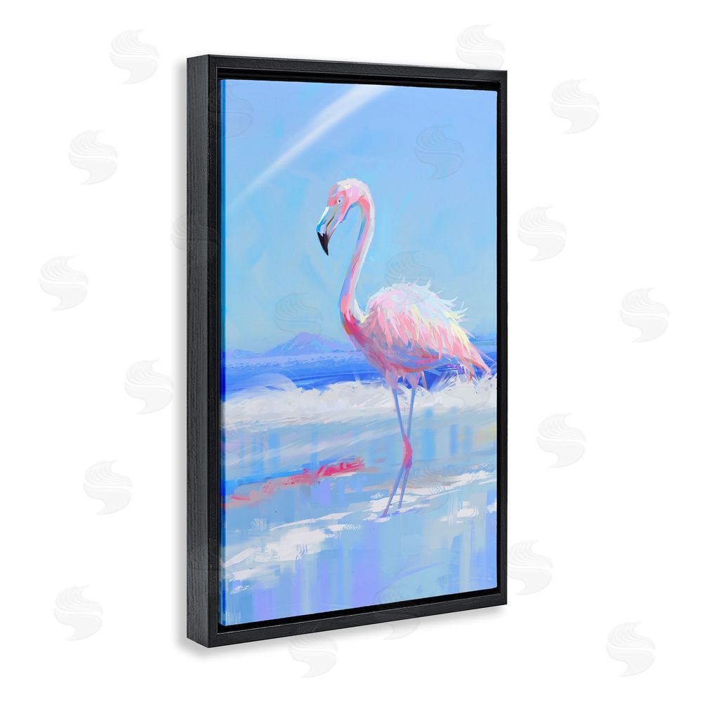 Ziwei Li Feathered Flamingo on Shore Black Floating Frame Canvas Wall Art Print