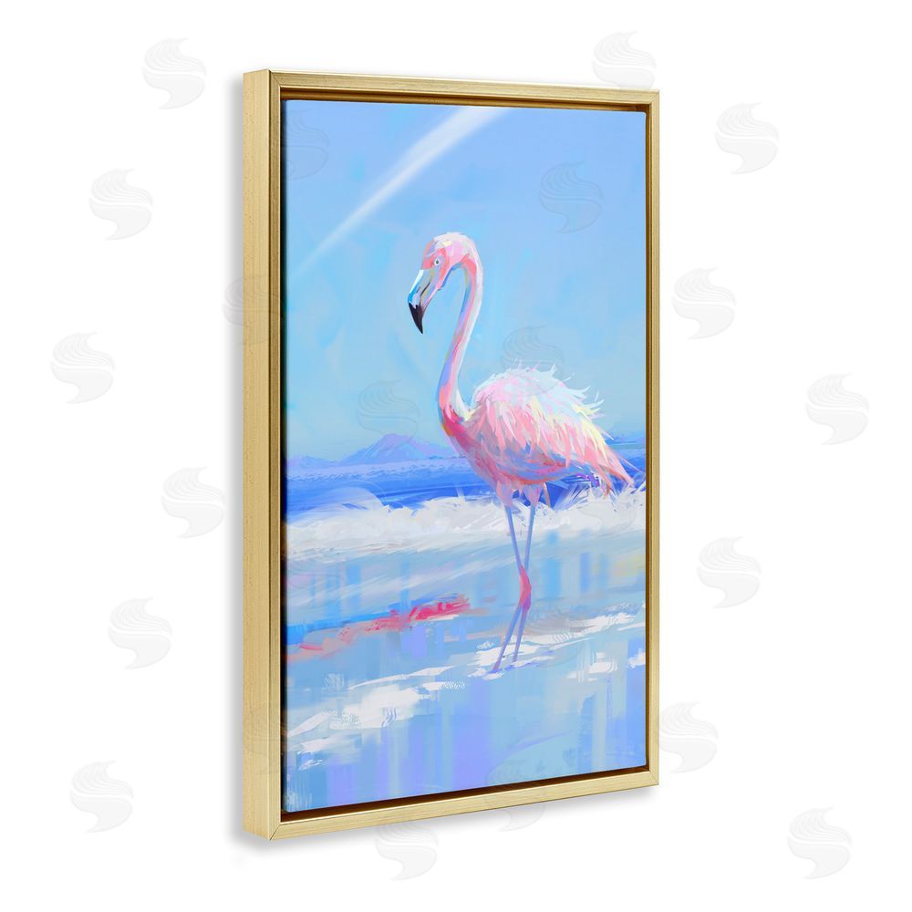 Ziwei Li Feathered Flamingo on Shore Gold Floating Frame Canvas Wall Art Print