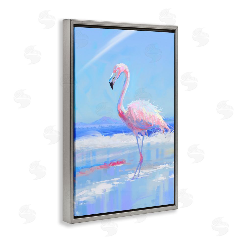 Ziwei Li Feathered Flamingo on Shore Gray Floating Frame Canvas Wall Art Print
