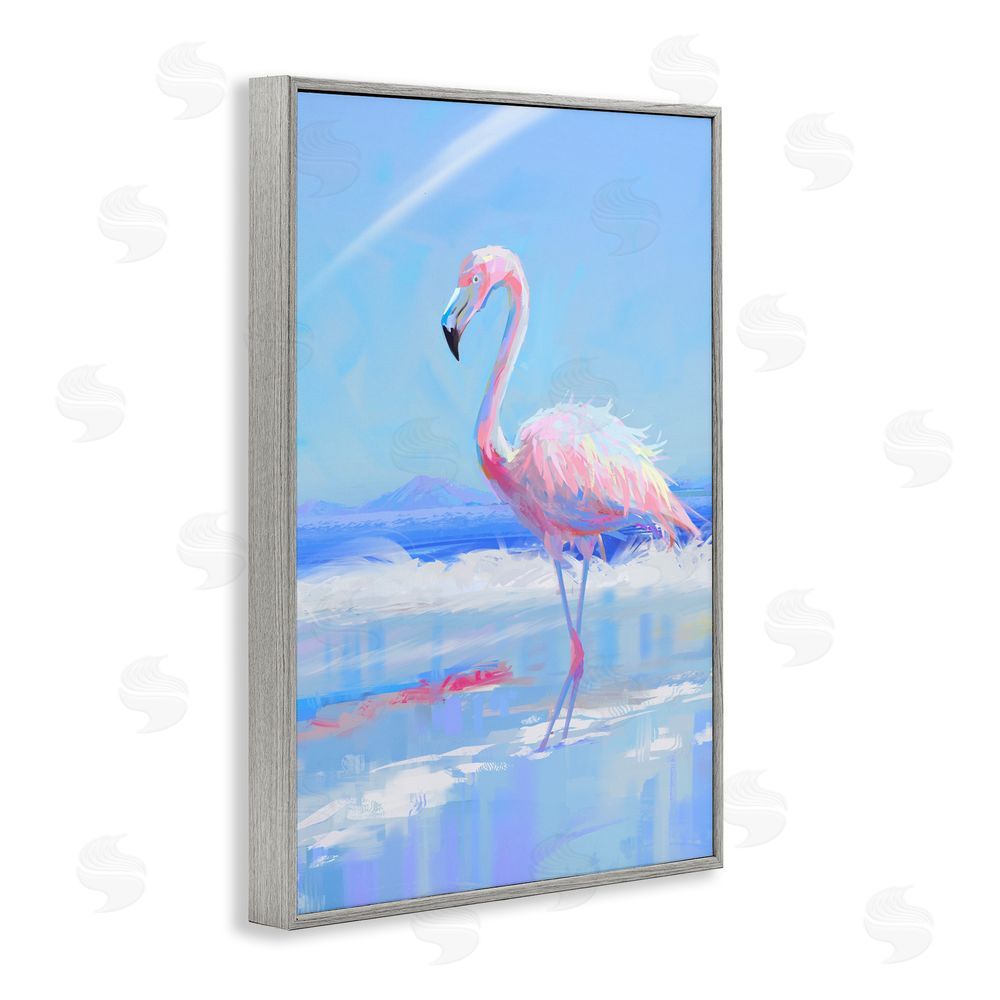 Ziwei Li Feathered Flamingo on Shore Gray Framed Giclee Wall Art Print