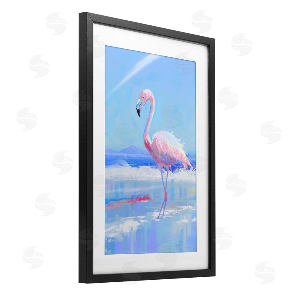 Ziwei Li Feathered Flamingo on Shore Black Framed Print Under Glass Wall Art