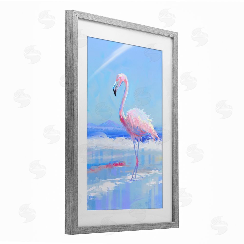 Ziwei Li Feathered Flamingo on Shore Gray Framed Print Under Glass Wall Art