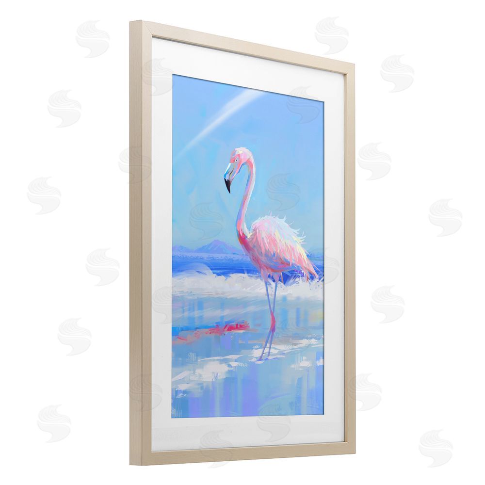 Ziwei Li Feathered Flamingo on Shore Brown Framed Print Under Glass Wall Art