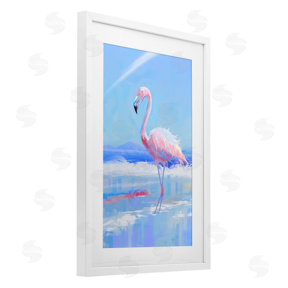 Ziwei Li Feathered Flamingo on Shore White Framed Print Under Glass Wall Art