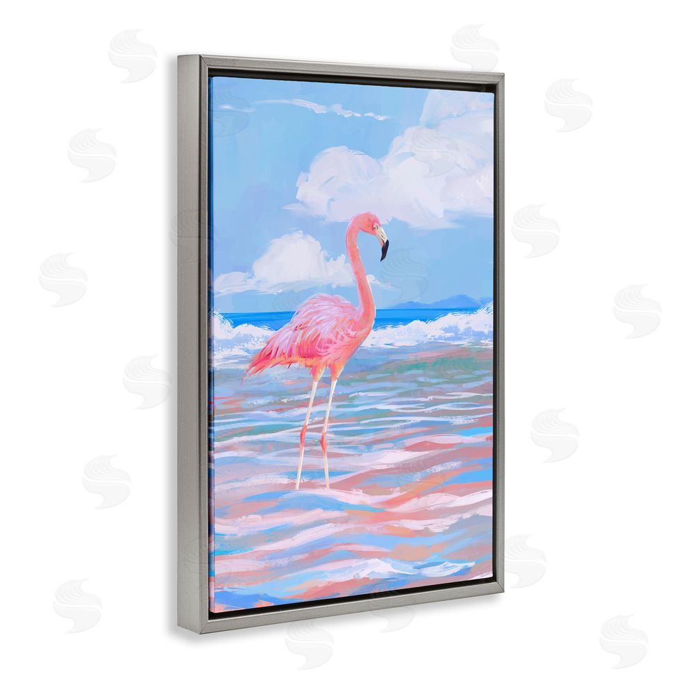 Ziwei Li Reflective Shore Flamingo Stance Gray Floating Frame Canvas Wall Art Print