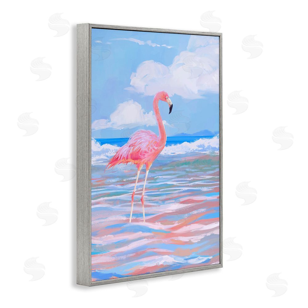 Ziwei Li Reflective Shore Flamingo Stance Gray Framed Giclee Wall Art Print