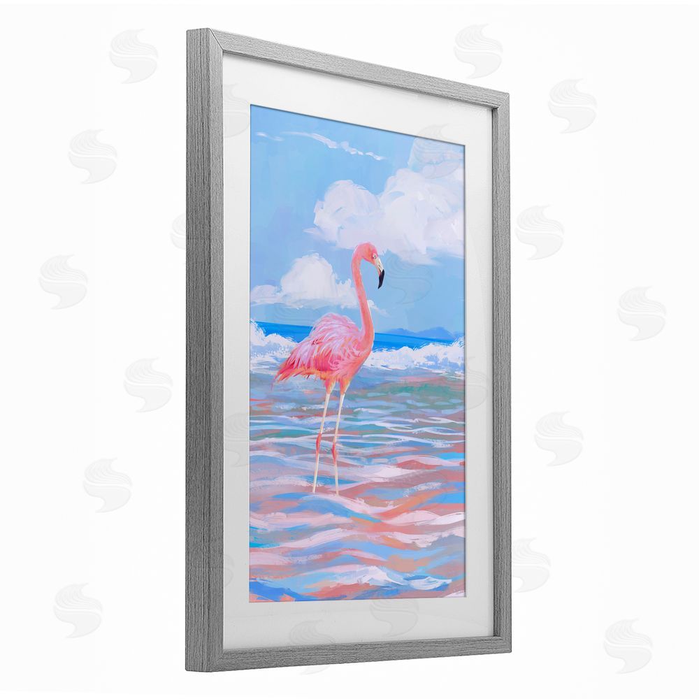 Ziwei Li Reflective Shore Flamingo Stance Gray Framed Print Under Glass Wall Art
